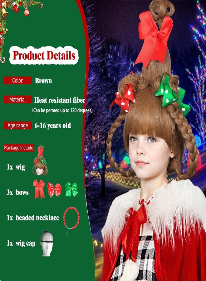 ColorGround باروكة ملونة للأطفال باللون البني مع أربطة منقطة حمراء وخضراء وقلادة خرز حمراء للاحتفال بعيد الميلاد - Image 3