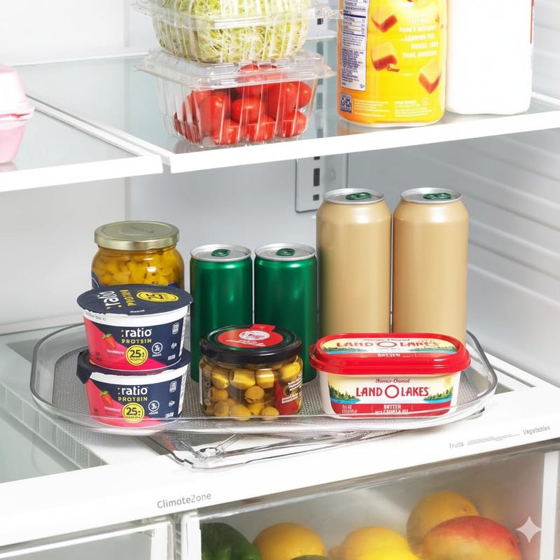 Oizeir Refrigerator Lazy Susan - Clear Rectangular Fridge Organizer - Turntable Tray Lazy Susan for Refrigerator - Cabinet & Pantry Organizer - Smooth 360° Rotating Swivel Spinning Fridge Shelf - Image 1