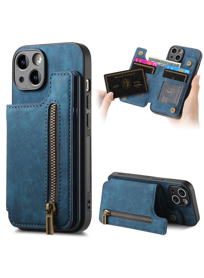 Green Tiger For iPhone 14 Plus Retro Leather Zipper Wallet Back Phone Case(Blue)