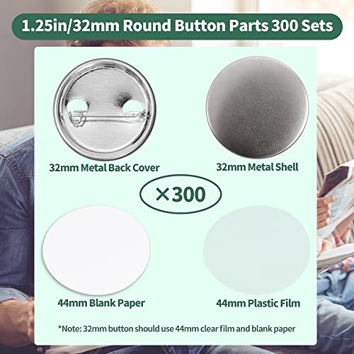 Mostme 300 Sets 1.25 inch Button Maker Supplies, 32mm Button Supplies Parts Badge Part, Buttons Making Supplies, Includes Metal Pin Back Cover, Metal Shells, Blank Paper&Clear Film - Image 2