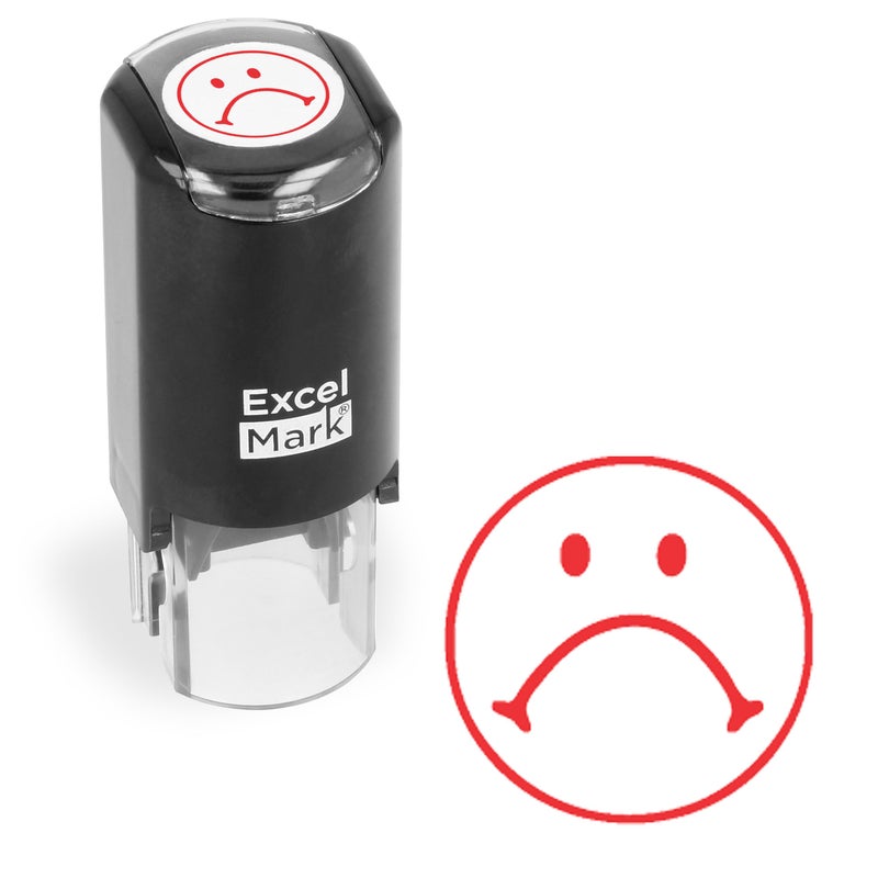 ExcelMark Round Teacher Stamp - Frown FACE 1 - RED Ink - Image 1