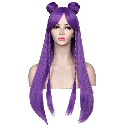 ColorGround Long Straight Purple Braided Wig with two Buns for Cosplay and Cons - Image 1