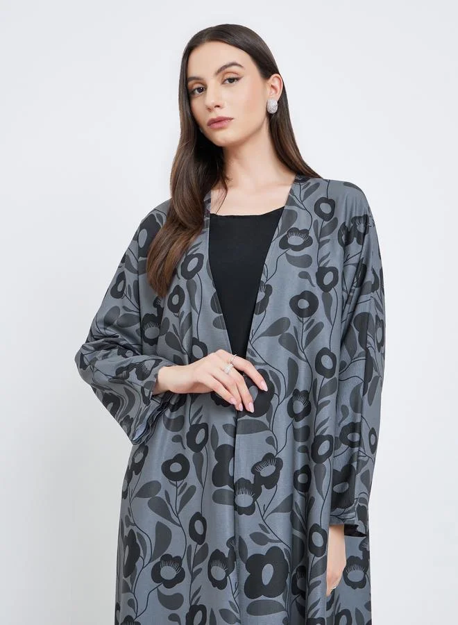 تايك تو Take Two Floral Print Open Front Abaya