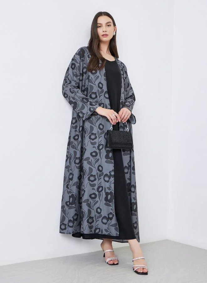 تايك تو Take Two Floral Print Open Front Abaya