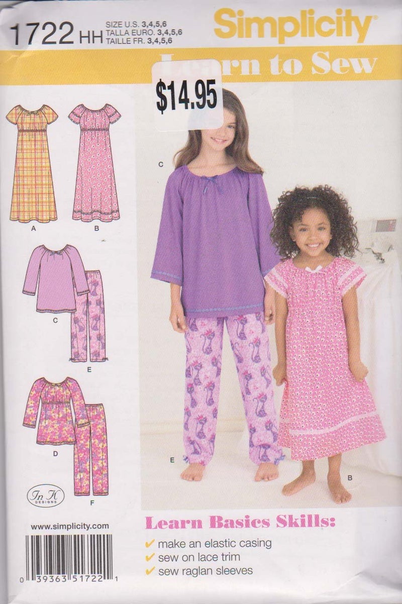 1722 Learn to Sew Girl's Pajama Sewing Patterns, Sizes 3-6