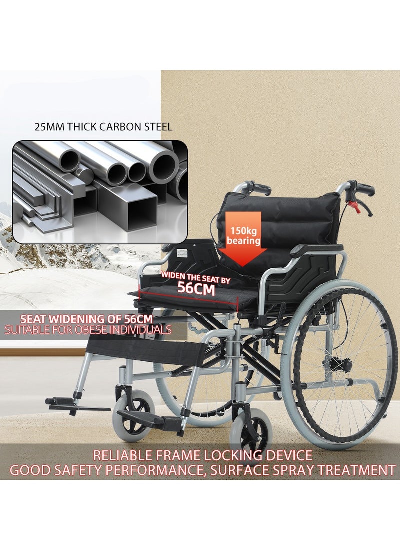 Cool Baby 24 Inch 56CM Wide Seat Wheelchair for Adults and Seniors, 300 Lb Weight Capacity, Portable, Folding and Double-Layer Thickened Cushion | Black  - Image 2