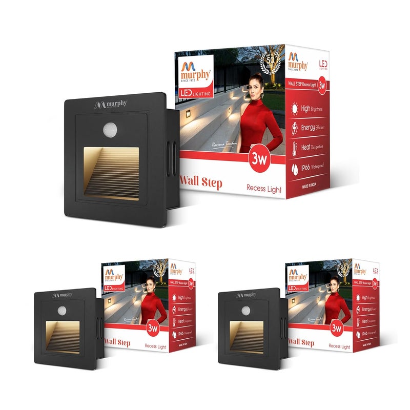 Murphy 3Watt Conceal Motion Sensor Wall Step Light Outdoor and Indoor LED Foot Light with Aluminium IP65 Grade Waterproof Body Warm White Pack of 3 - Image 1