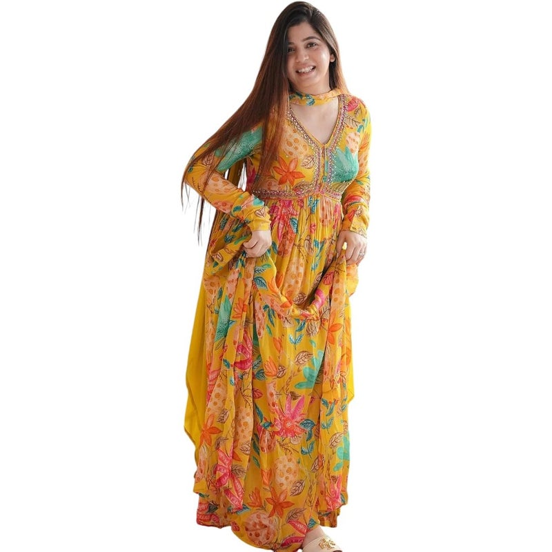 KD Women Floral Print Anarkali Kurta with Pant and Dupatta Set Anarkali Kurti for Women Plus Size upto 4 - Image 1