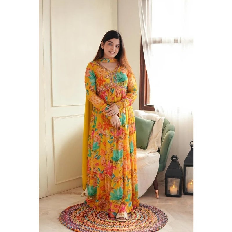 KD Women Floral Print Anarkali Kurta with Pant and Dupatta Set Anarkali Kurti for Women Plus Size upto 4 - Image 2