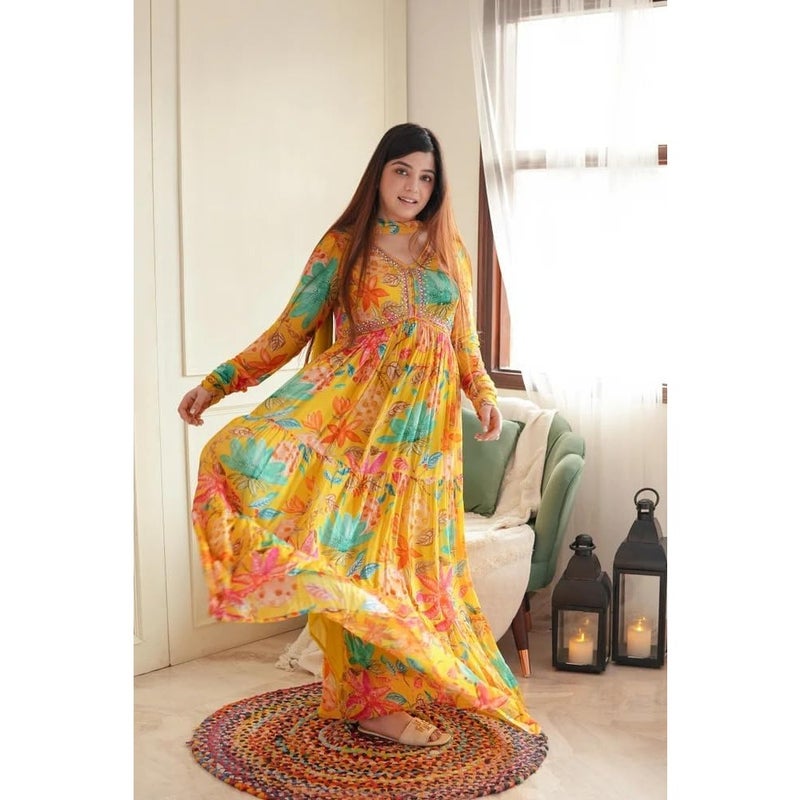 KD Women Floral Print Anarkali Kurta with Pant and Dupatta Set Anarkali Kurti for Women Plus Size upto 4 - Image 3