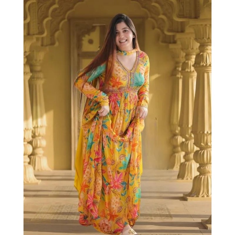 KD Women Floral Print Anarkali Kurta with Pant and Dupatta Set Anarkali Kurti for Women Plus Size upto 4 - Image 5