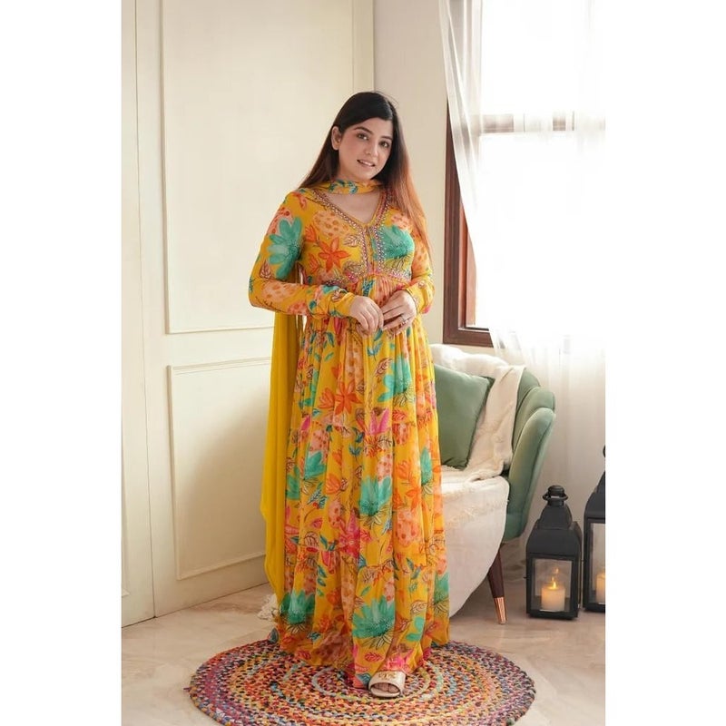 KD Women Floral Print Anarkali Kurta with Pant and Dupatta Set Anarkali Kurti for Women Plus Size upto 4 - Image 4