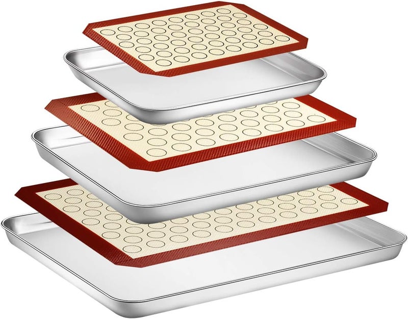 Wildone Baking Sheet with Silicone Mat Set, Set of 6 (3 Sheets + 3 Mats), Stainless Steel Cookie Sheet Baking Pan with Silicone Mat, Non Toxic & Heavy Duty & Easy Clean - Image 1
