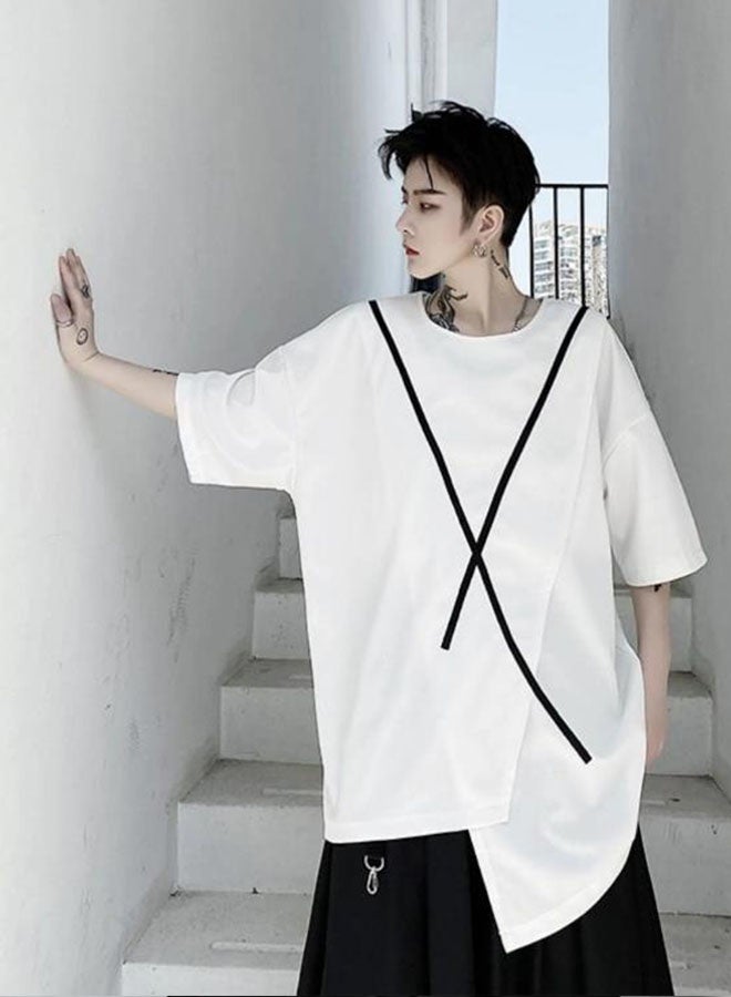 Summer stitching men's loose short-sleeved T-shirt-white  - Image 5