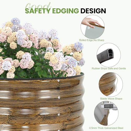 G GOOD GAIN Round Raised Garden Bed - 2Pcs 2x2x1.4ft Galvanized Steel Planter Boxes Outdoor with Rubber Edge Trim | Metal Raised Beds for Gardening Vegetables Flowers Fruits Herbs (Wood Grain) - Image 3