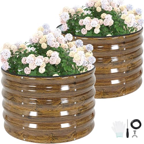 G GOOD GAIN Round Raised Garden Bed - 2Pcs 2x2x1.4ft Galvanized Steel Planter Boxes Outdoor with Rubber Edge Trim | Metal Raised Beds for Gardening Vegetables Flowers Fruits Herbs (Wood Grain) - Image 1