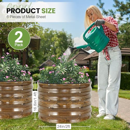 G GOOD GAIN Round Raised Garden Bed - 2Pcs 2x2x1.4ft Galvanized Steel Planter Boxes Outdoor with Rubber Edge Trim | Metal Raised Beds for Gardening Vegetables Flowers Fruits Herbs (Wood Grain) - Image 2