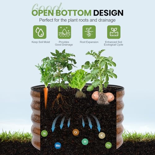 G GOOD GAIN Round Raised Garden Bed - 2Pcs 2x2x1.4ft Galvanized Steel Planter Boxes Outdoor with Rubber Edge Trim | Metal Raised Beds for Gardening Vegetables Flowers Fruits Herbs (Wood Grain) - Image 5
