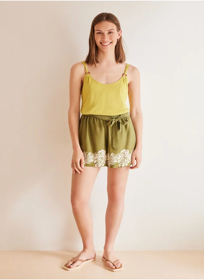 women'secret Leaf print khaki viscose shorts