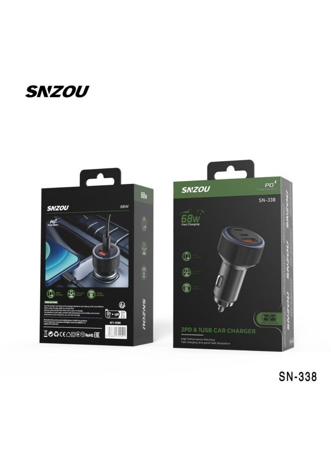 سنزو شاحن سيارة سنزو SN-338 شحن سريع 68 واط، منفذان PD ومنفذ USB واحد - Image 2