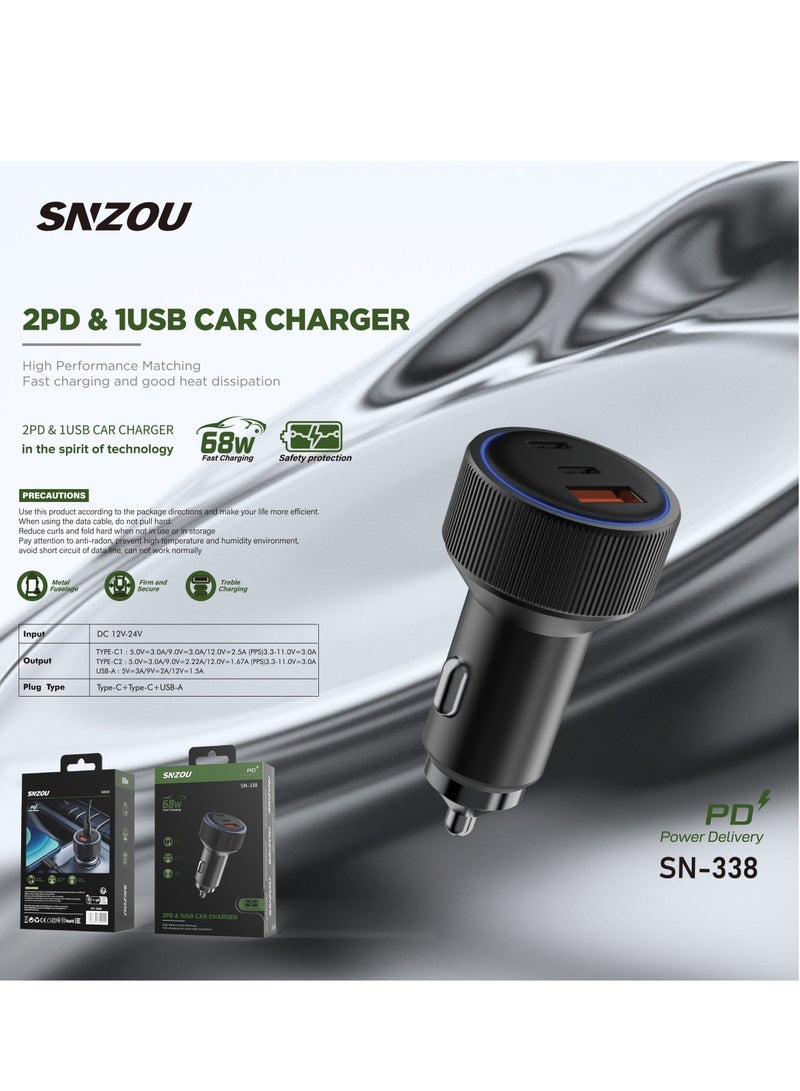 سنزو شاحن سيارة سنزو SN-338 شحن سريع 68 واط، منفذان PD ومنفذ USB واحد - Image 3