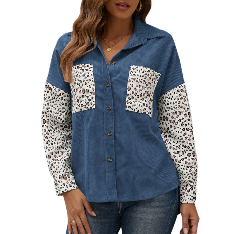 Women Loose Shirt Corduroy Leopard Print Long Sleeve Buttons Oversized Shirts - Image 1