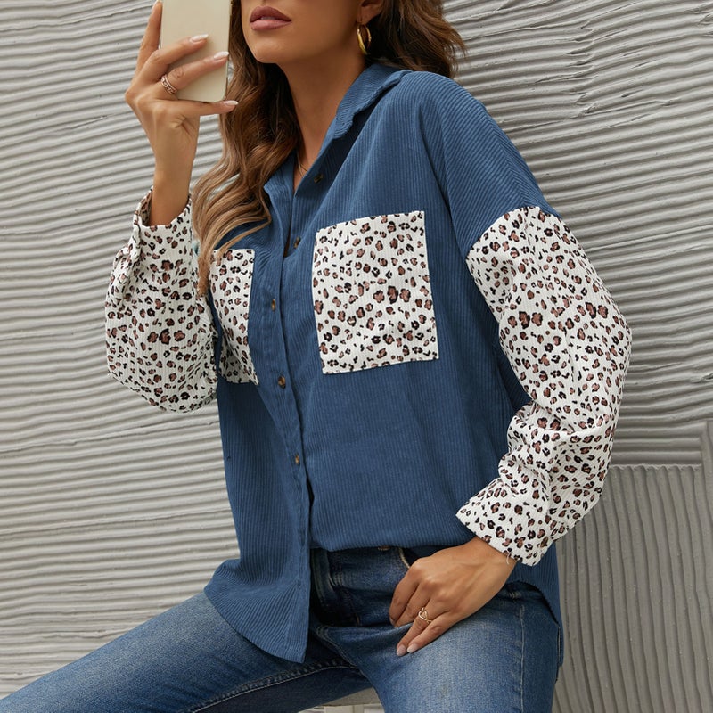 Women Loose Shirt Corduroy Leopard Print Long Sleeve Buttons Oversized Shirts - Image 5
