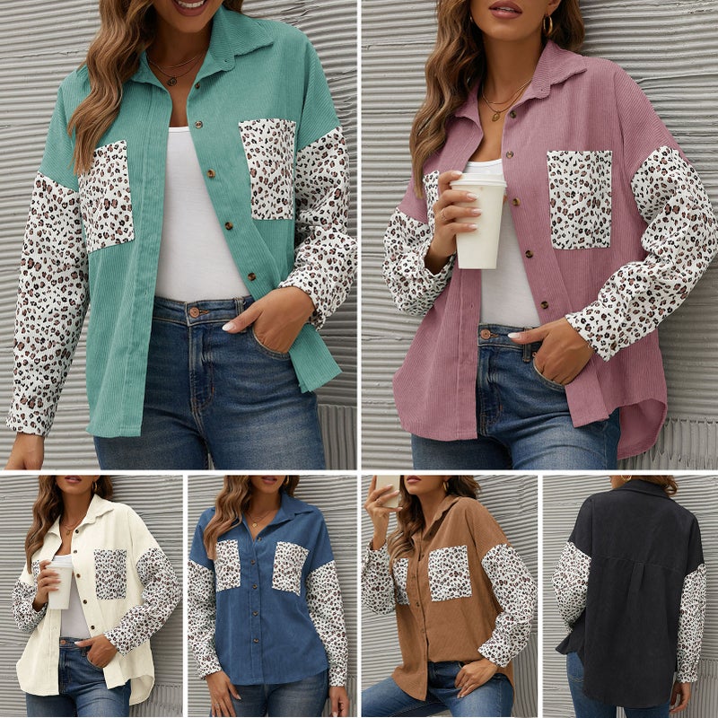 Women Loose Shirt Corduroy Leopard Print Long Sleeve Buttons Oversized Shirts - Image 3