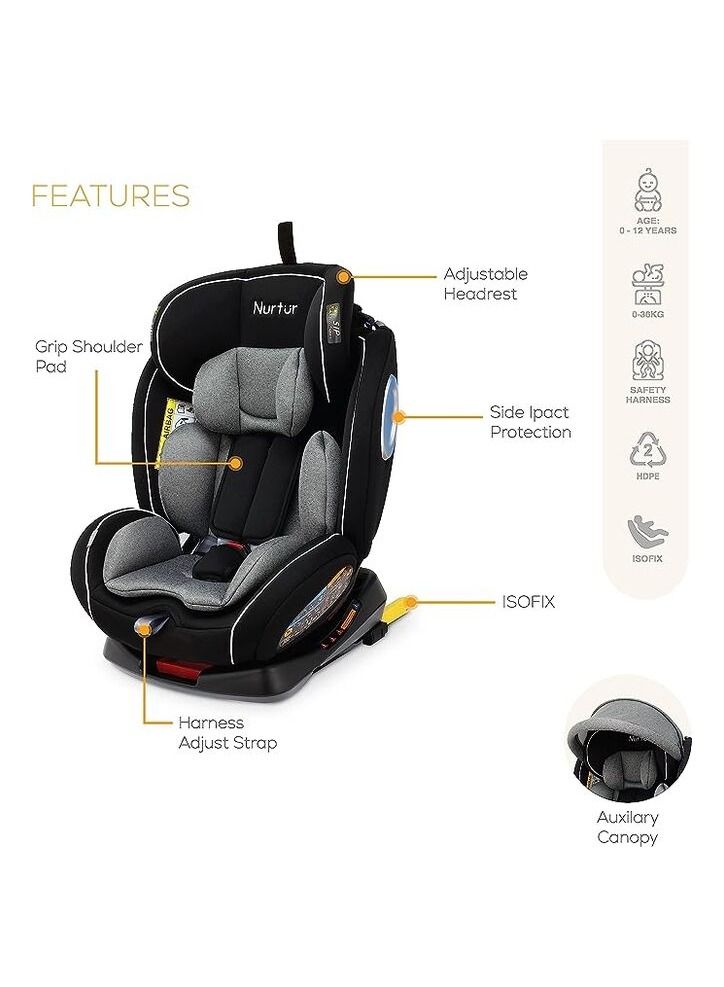 Nurtur Ultra Baby Kids 4in1 Car Seat  360  Rotation  ISOFIX  9Level Adjustable Headrest and Canopy  0 months to 12 years  Upto 36kg Official Nurtur Product - Image 5