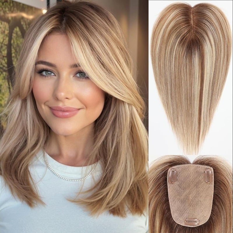 starluck Human Hair Toppers for Women Real Human Hair No Bangs 4 * 5.5 inch Base 12 inch SilkHug Hair Topper for Women Cover Grey Roots(Brown with Blonde Highlight) - Image 1