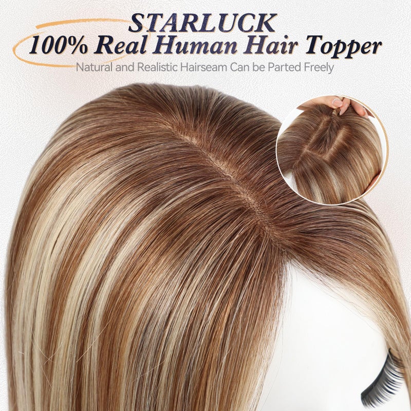 starluck Human Hair Toppers for Women Real Human Hair No Bangs 4 * 5.5 inch Base 12 inch SilkHug Hair Topper for Women Cover Grey Roots(Brown with Blonde Highlight) - Image 4