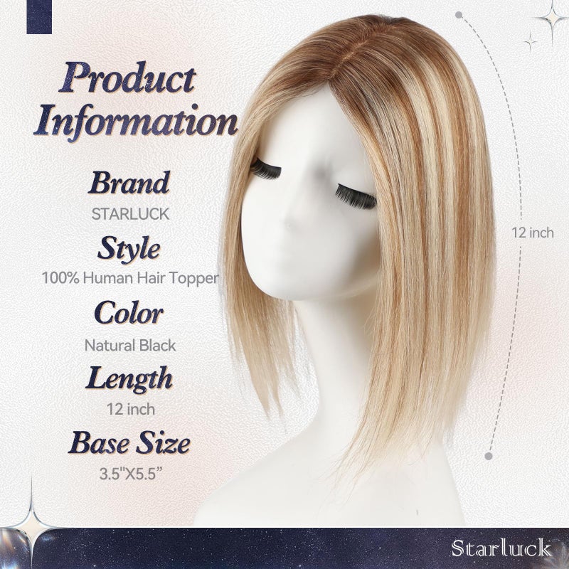 starluck Human Hair Toppers for Women Real Human Hair No Bangs 4 * 5.5 inch Base 12 inch SilkHug Hair Topper for Women Cover Grey Roots(Brown with Blonde Highlight) - Image 3