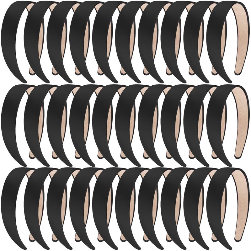 SIQUK 30 Pieces Black Satin Headbands 1 Inch Wide Nonslip Headbands Hair Plain DIY Headband for Women