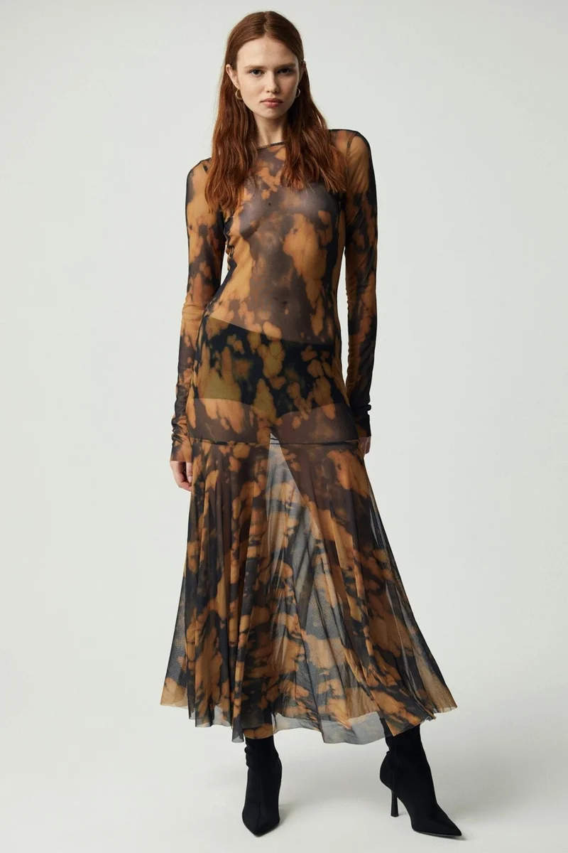 جريميلانج Oyster Women's Long Sleeve Patterned Unlined Patterned Dress