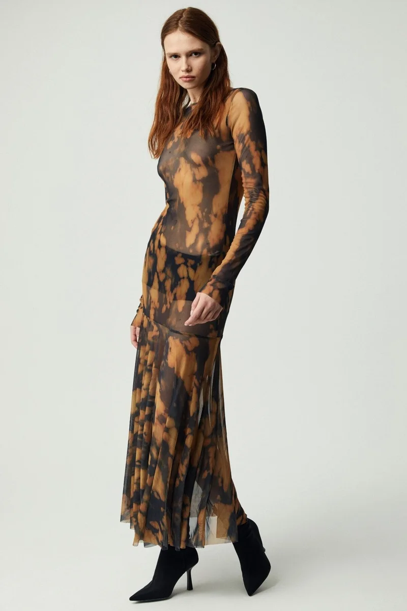 جريميلانج Oyster Women's Long Sleeve Patterned Unlined Patterned Dress