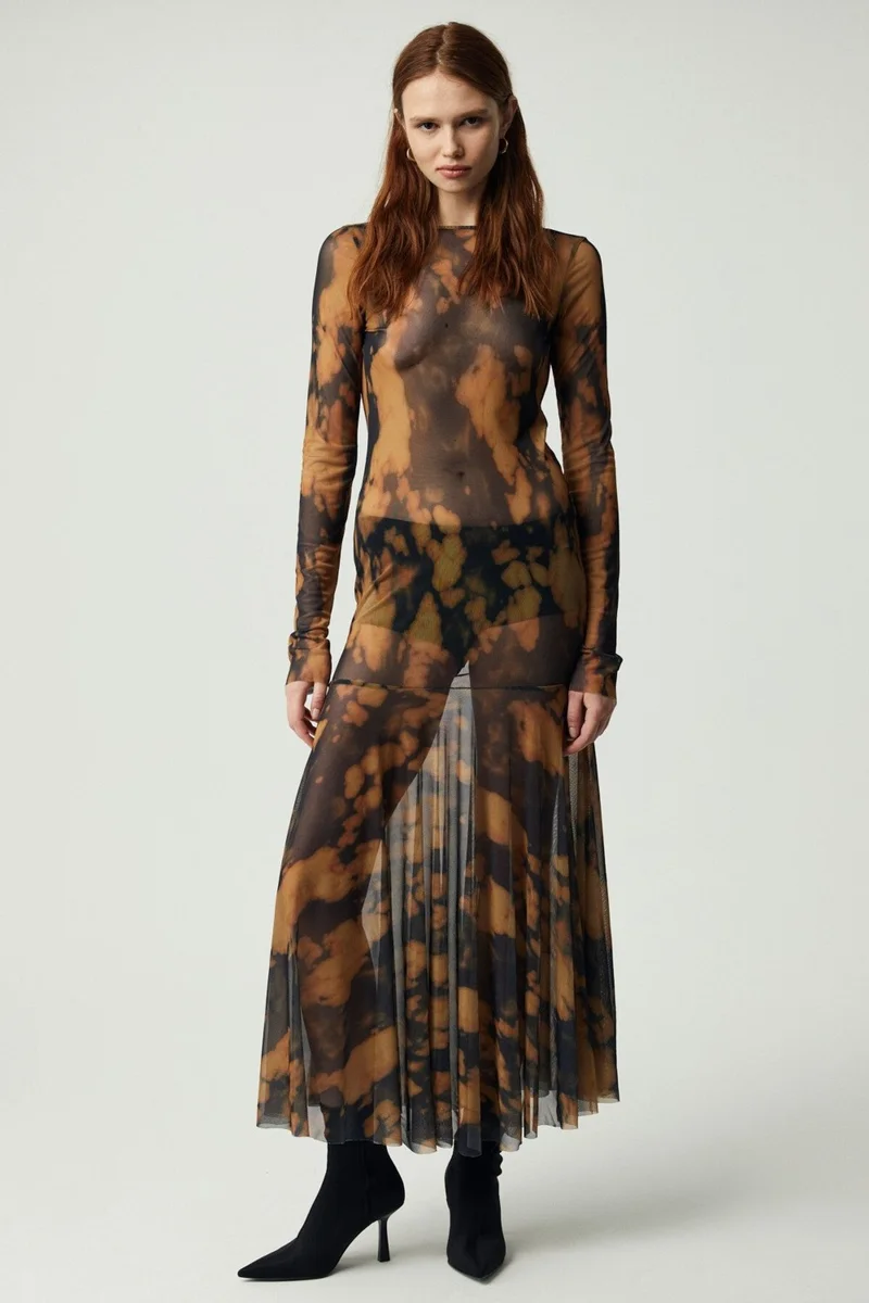 جريميلانج Oyster Women's Long Sleeve Patterned Unlined Patterned Dress