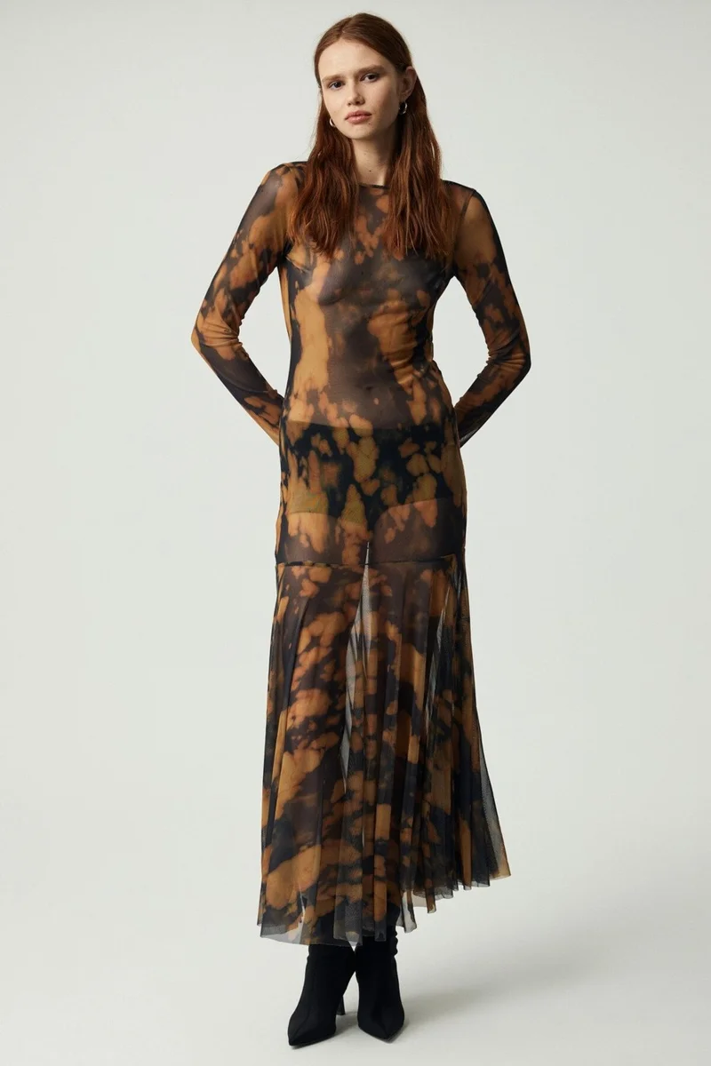 جريميلانج Oyster Women's Long Sleeve Patterned Unlined Patterned Dress
