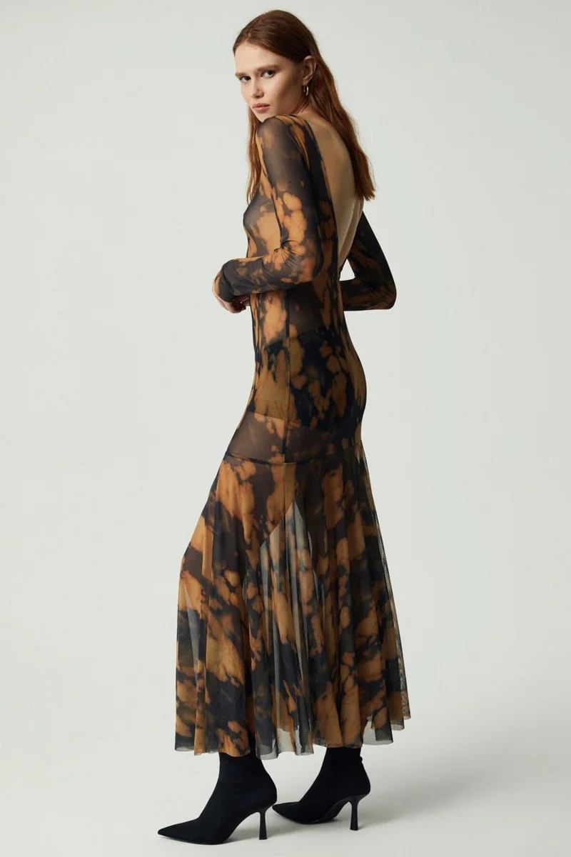 جريميلانج Oyster Women's Long Sleeve Patterned Unlined Patterned Dress