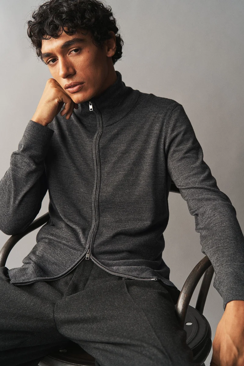 H&M Slim Fit Zip-Through Merino Wool Cardigan