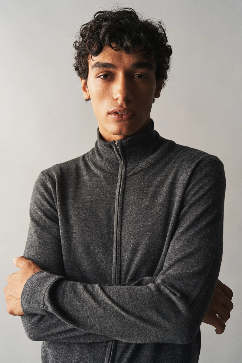 H&M Slim Fit Zip-Through Merino Wool Cardigan