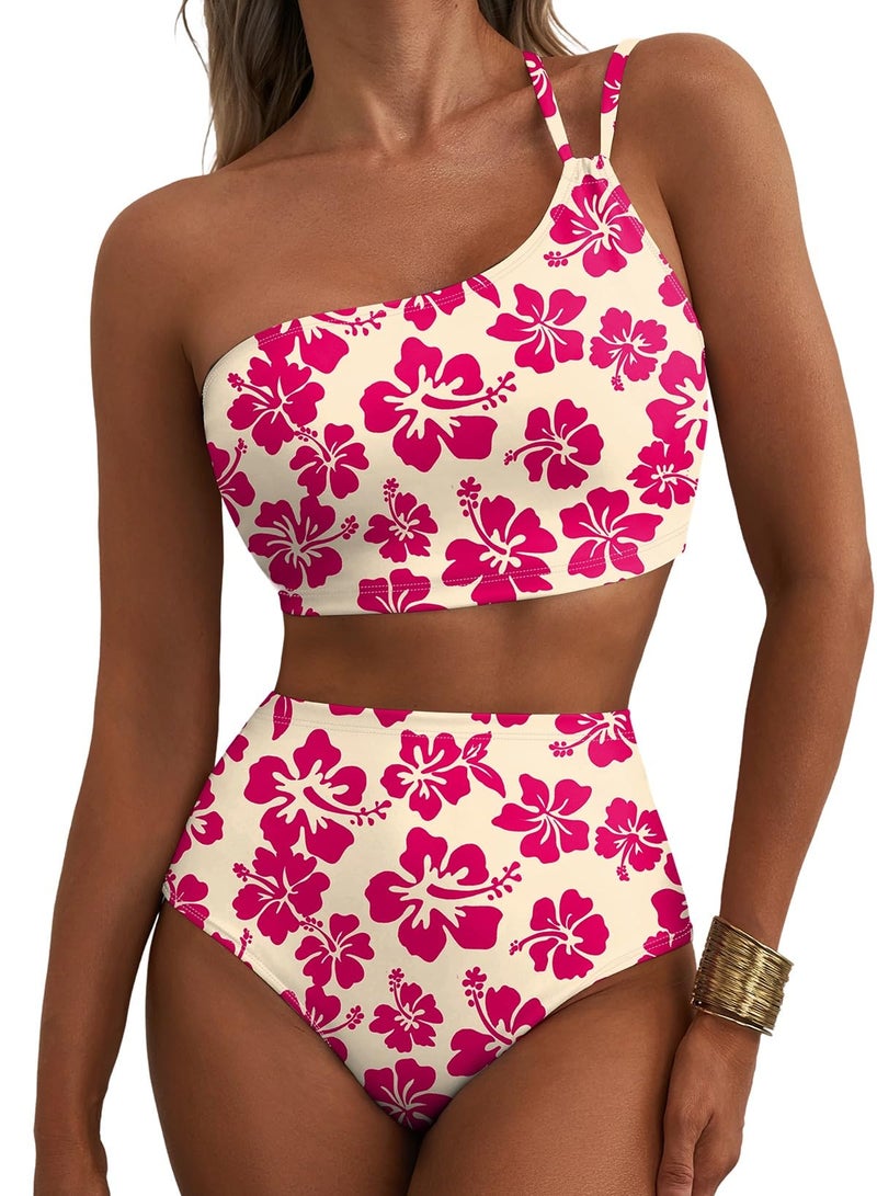 Herseas Women's 2 Piece Bikini Sets One Shoulder Swim Suit High Waisted Removable Padded Wire Free High Rise Bathing Suits Classic Vacation Essentials Pink Floral Large - Image 1