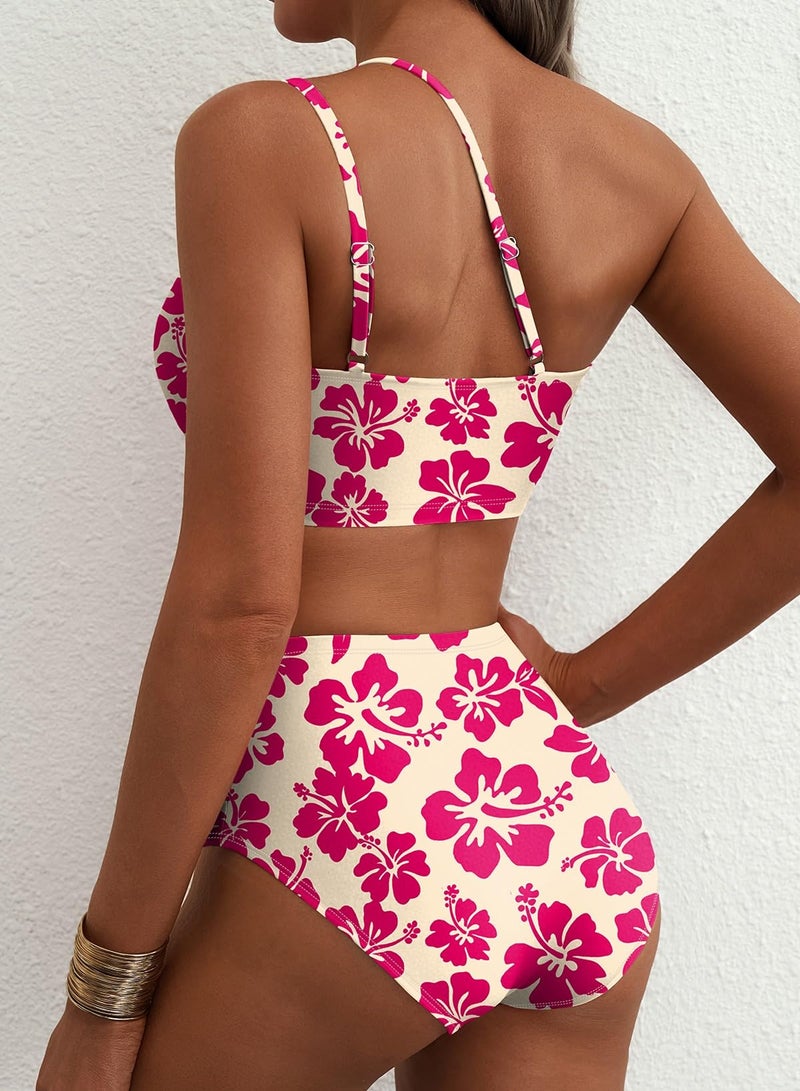 Herseas Women's 2 Piece Bikini Sets One Shoulder Swim Suit High Waisted Removable Padded Wire Free High Rise Bathing Suits Classic Vacation Essentials Pink Floral Large - Image 2