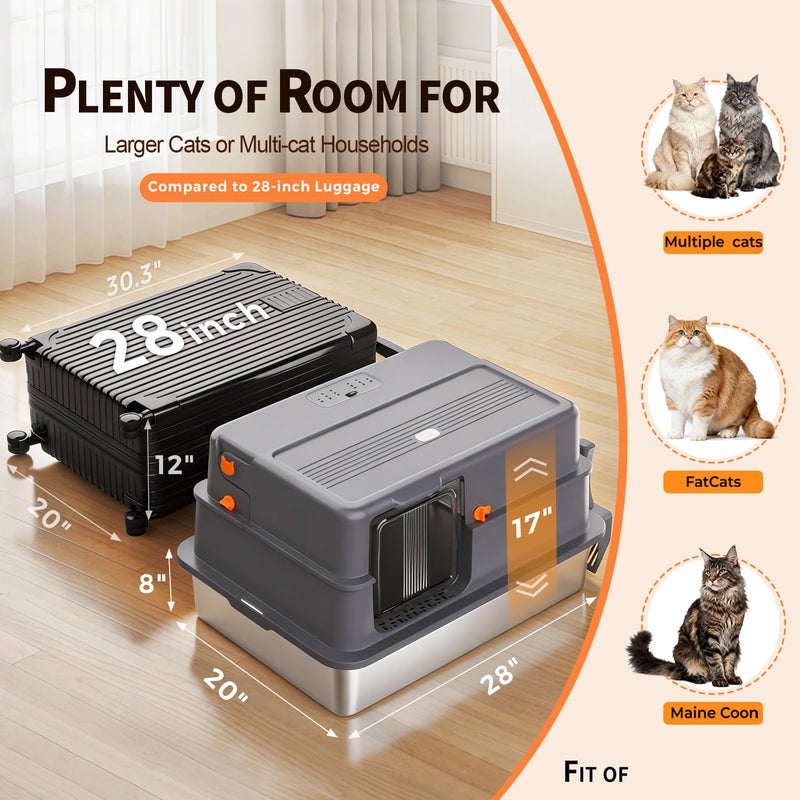 Ai-Fun Enclosed XXXXL Stainless Steel Litter Box, 28" L x 20" W x 17" H, Side Entry Extra Large Metal Cat Litter Box with Lid for Big & Multiple Cats, Removable Enclosure, Anti-Leakage,Easy to Clean - Image 2