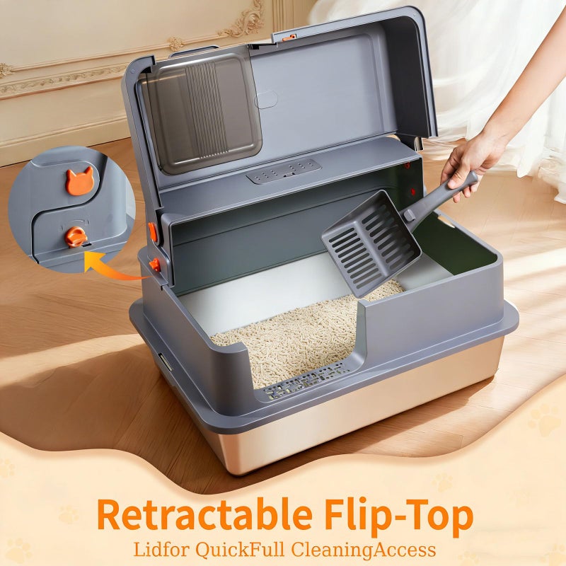 Ai-Fun Enclosed XXXXL Stainless Steel Litter Box, 28" L x 20" W x 17" H, Side Entry Extra Large Metal Cat Litter Box with Lid for Big & Multiple Cats, Removable Enclosure, Anti-Leakage,Easy to Clean - Image 3