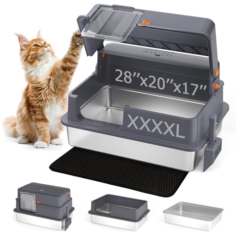 Ai-Fun Enclosed XXXXL Stainless Steel Litter Box, 28" L x 20" W x 17" H, Side Entry Extra Large Metal Cat Litter Box with Lid for Big & Multiple Cats, Removable Enclosure, Anti-Leakage,Easy to Clean - Image 1