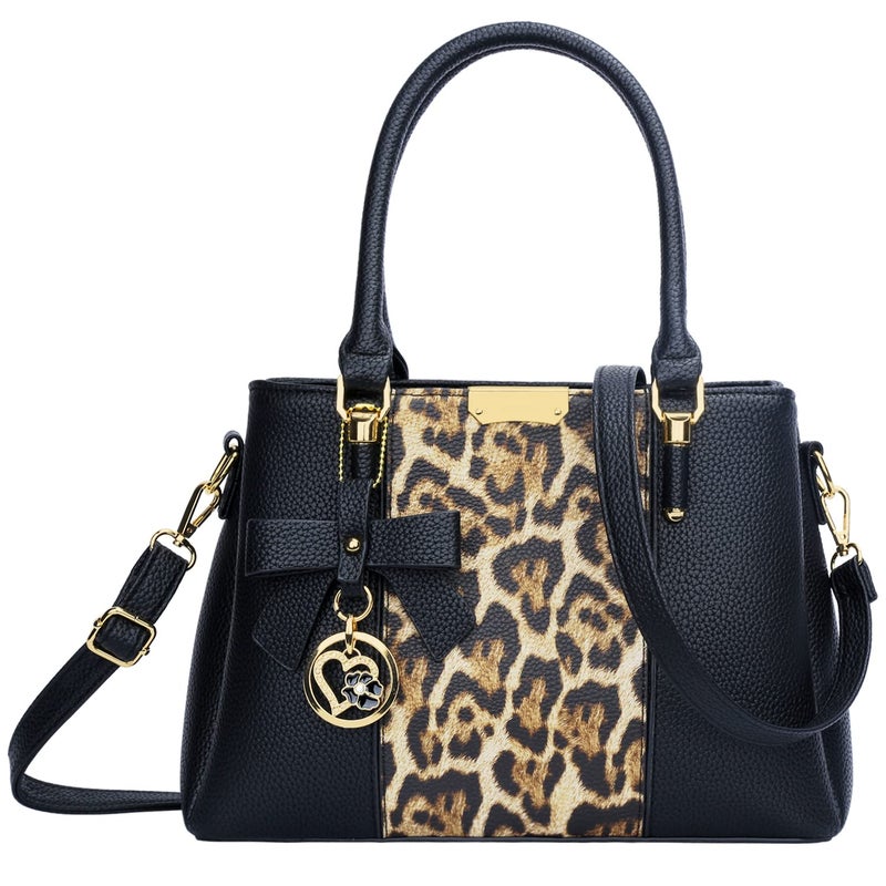 KKXIU 3 Zippered Compartments Purses and Handbags for Women Top Handle Satchel Shoulder Ladies Bags ABlack Leopard