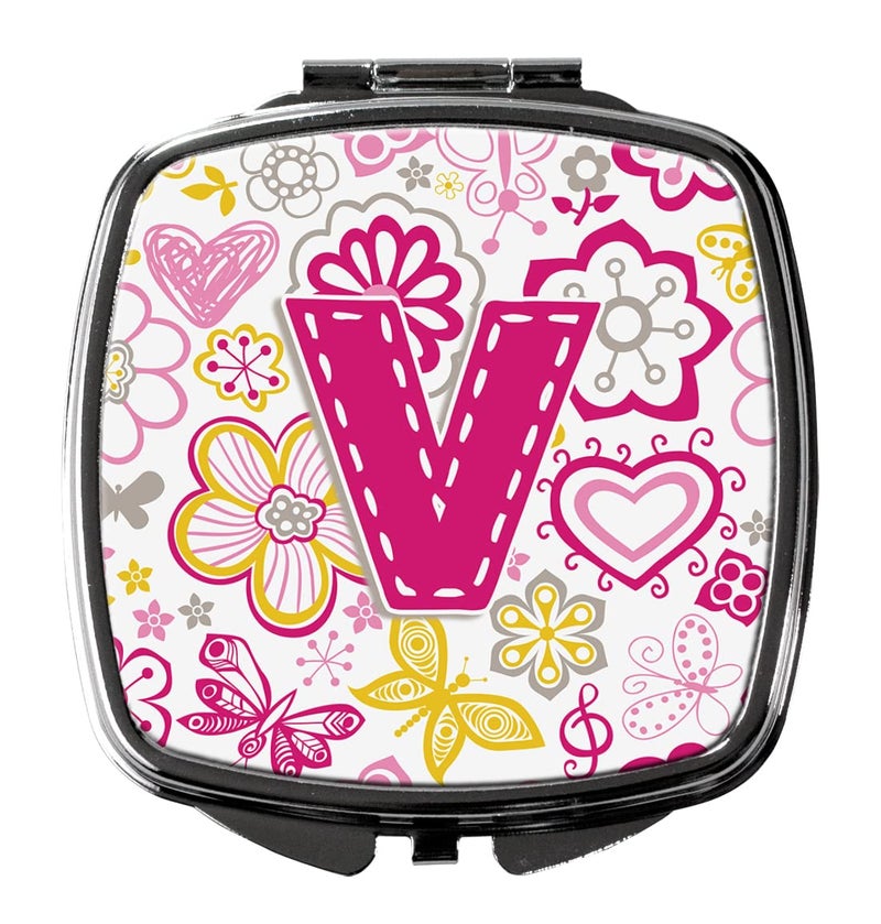 Caroline's Treasures CJ2005-VSCM Letter V Flowers and Butterflies Pink Compact Mirror Decorative Travel Makeup Mirror for Women Girls Gifts Pocket Makeup Mirror Folding Handheld - Image 1