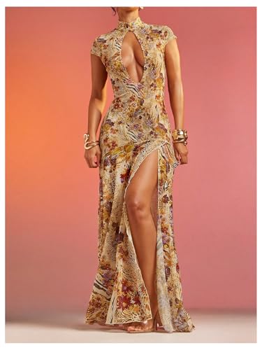 WDIRARA Women's Floral Animal Print Maxi Dress See Through Mock Neck High Split Ruffle Long Dress Yellow Large - Image 3