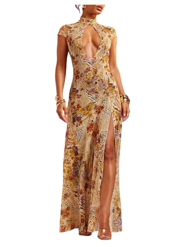 WDIRARA Women's Floral Animal Print Maxi Dress See Through Mock Neck High Split Ruffle Long Dress Yellow Large - Image 1