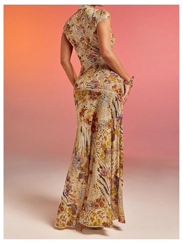 WDIRARA Women's Floral Animal Print Maxi Dress See Through Mock Neck High Split Ruffle Long Dress Yellow Large - Image 2